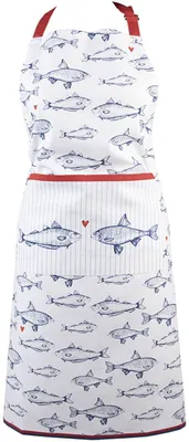 Imagen del producto de Unyqoos® Delantal de cocina Clayre & Eef – 70x85 cm, blanco, 100% algodón, motivo de peces en azul marino, ajustable y con bolsillo, lavable a máquina, ideal para la cocina y la barbacoa