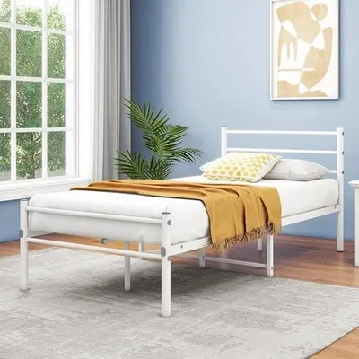 Immagine prodotto di Letto in metallo con rete a doghe Struttura per letto con testiera Letto singolo Letto per ospiti Struttura per letto singolo 90x200cm Bianco