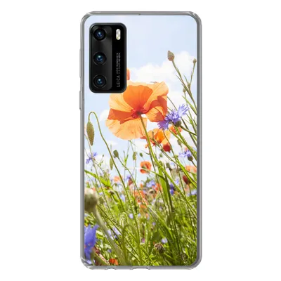 Produktbild von MuchoWow® Handyhülle Schutzhülle Hülle für Huawei P40 Blumen - Mohn - Frühling - Natur - Rot - Blau Silikon Softcase Handy Hülle - Handytasche