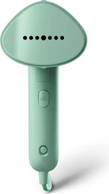 A mint green handheld garment steamer, shown upright against a white background.