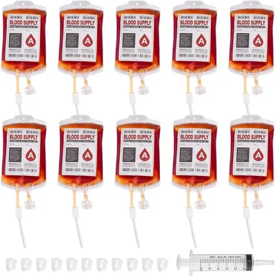 Productafbeelding van Pack van 10 halloween-drinkvaten - Bloedzakken voor het vullen - Drankencontainer met spuitclips - Bloedgroepsticker