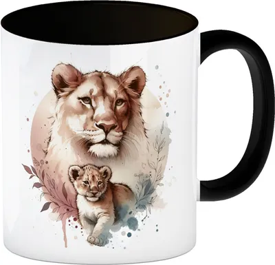 Produktbild von Löwin mit Baby Kaffeebecher in schwarz