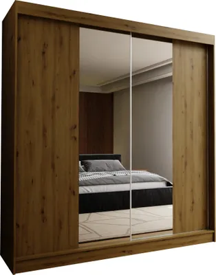 Produktbild von Masseno Schiebetürenschrank LUCENZA 200 cm Kleiderschrank Schlafzimmer Schrank 2-türig mit Spiegel Eiche Artisan
