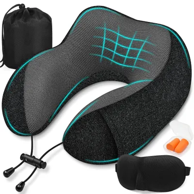 Produktbild von Ergonomisches Reisekissen aus Memory-Schaum mit Schlafmaske und Ohrstöpseln