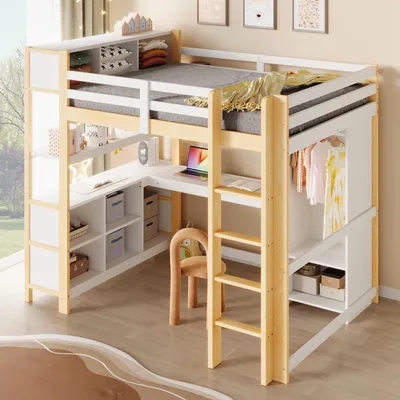 Produktbild von Flieks Etagenbett 140x200cm mit Schreibtisch und Regal, Kinderbett Hochbett mit Kleiderschrank, Doppelbett Stockbett, Naturbelassen