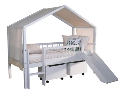 Produktbild von VIPACK - FORREST Buche Spiel-Hausbett 90x200cm, inkl. Lattenrost, Dachaubau, Rutsche, 2 Rollboxen und Textilhimmel, Buche massiv weiß lackiert