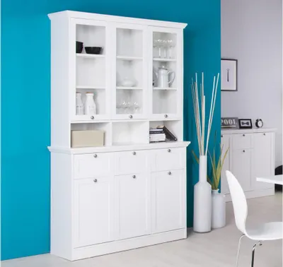 Immagine prodotto di Credenza con tre ante in vetro e tre cassetti Landwood50 colore bianco
