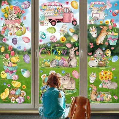 Produktbild von Grosse Osterei Raumschmuck Selbstklebend, 70 Stück Osterei Dekoration Raumschmuck Ostern 9 Blätter, charmante Hase Eier Blumen Wandschmuck Raumschmuck Dekorationen Wiederverwendbar für Ostern