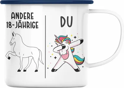 Produktbild von Trendation - 18. Geburtstag Mädchen Emaille Tasse Einhorn Geschenk Geschenkidee 18er Geburtstag (Blau)