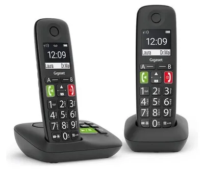 Produktbild von Gigaset E290A Duo, Analoges/DECT-Telefon, Kabelloses Mobilteil, Freisprecheinrichtung, 150 Eintragungen, Anrufer-Identifikation, Schwarz