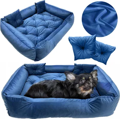 A collage of images showing a blue dog bed with a dog in it, and close-ups of the bed and its fabric.