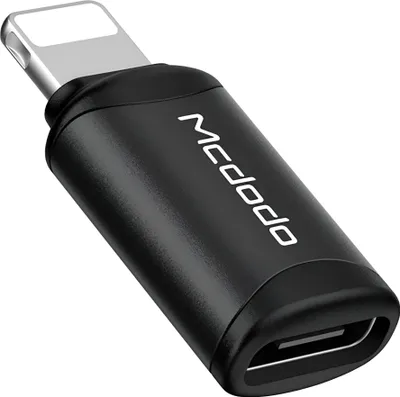 A black Mcdodo brand adapter with a silver lightning connector on a white background.