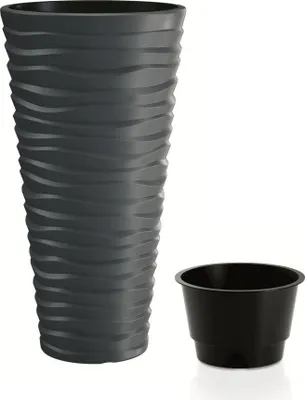 A tall, dark gray planter with a wavy texture and a smaller black insert pot are shown against a white background.