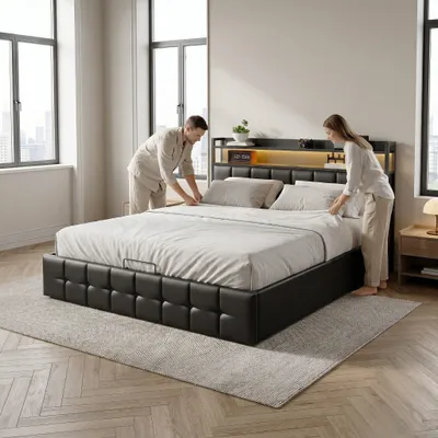 Produktbild von Moonbite Bett mit Stauraum 140x200 cm PolyurethanWeißgrau Kapiton, LED, Hydraulik-Stauraum, Doppel-USB-C