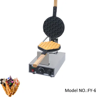 A professional product shot of a bubble waffle maker with a small inset image of bubble waffles filled with ice cream.