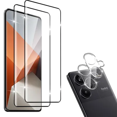 A product shot of screen protectors and camera lens protectors for a smartphone.