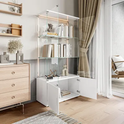 Obrázek produktu pro Vitrína – Samostatně stojící skleněná vitrína – Skleněné dveře – 5 polic – LED osvětlení – Minimalistický design – Bílá