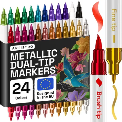 Produktbild von Elzusha – 24 Metallic-Acryl-Farbstifte, Doppelkopf-Marker für Textilien, Leinwand, Stein, Glas, Holz
