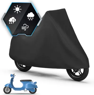 A black motorcycle cover is shown on a motorcycle, with a smaller blue scooter in the foreground. A graphic overlay displays weather icons.