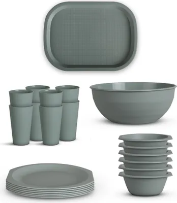 Image de Set de vaisselle en plastique - réutilisable Vert 22 pièces 6 personnes