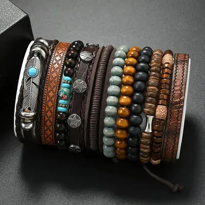 Produktbild von 11er Set Armbänder Herren Damen – Holzperlen & Kunstleder – elastisch & größenverstellbar – Vintage Boho Uni Schmuck im Layer-Look