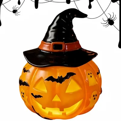 Produktbild von Halloween Kürbis Lampe mit Hexenhut, 3D-LED-Nachtlicht aus Harz, USB-Aufladung, Halloween-Dekoration für Schlafzimmer,Party,Regal,13x13x15cm