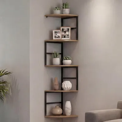 A corner shelf unit with decorative items and plants.