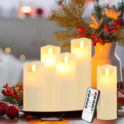Obrázek produktu pro Sada 5 LED svíček, pravá vosková náplň, realistické plameny bez plamene, s dálkovým ovládáním, funkcí časovače a víceúrovňovým stmíváním, pohyblivý plamen, bílé barvy