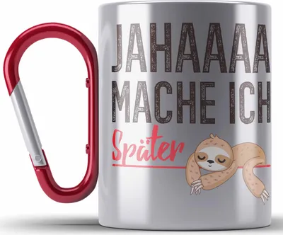 Produktbild von Trendation - Faultier Edelstahl Tasse Karabiner Jahaaa Mache Ich Später Lustige Karabiner Edelstahl Tasse Karabiner Edelstahl mit Spruch Geburtstag Kinder Frauen Männer Kollegin (Rot)