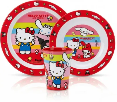 Produktbild von Hello Kitty Friends Kinder Geschirr-Set 3 teilig Becher (260 ml) Teller Schüssel