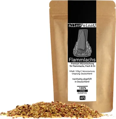 A bag of spice mix for Flammlachs (flame salmon) with a pile of the spice mix in front of it.