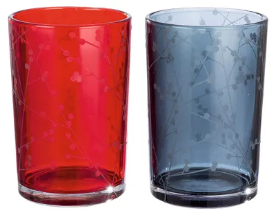 Image de Guerande, bougeoir cylindrique, motif "branche", décor floral, verre, rouge et noir, hauteur 18 cm, diamètre 12 cm. Référence : 27233. Code EAN : 4063387272336. Lot de 2 pièces (assorties)