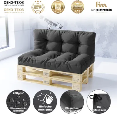 A dark gray pallet sofa cushion set is displayed on a wooden pallet base, with various feature icons and logos around it.