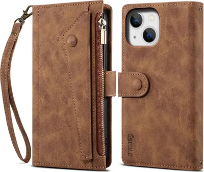 Image de Etui de protection pour iPhone 15 étui en cuir avec fermeture éclair, portefeuille pliable avec fente pour cartes, support et sangle marron