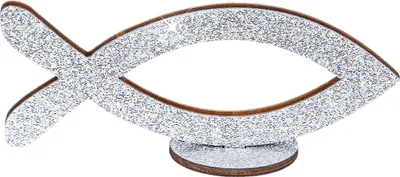 A glitter-covered wooden fish symbol on a white background.