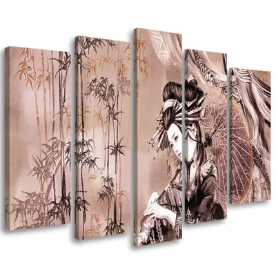 Produktbild von 5-teiliges leinwandbild geisha und bambus 150x100 cm Feeby rot wandbild bereit zum aufhängen
