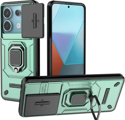 Produktbild von Hülle für Xiaomi Redmi Note 13 Pro 5G Dual Layer Handyhülle Schiebe Kamera Schutz und Ringhalter Ständer Grün