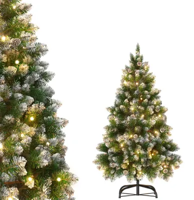 Productafbeelding van LILIIN Kunstkerstboom, 180 cm met verlichting, kunstsneeuw en dennenappels, snelle opbouw, inclusief kerstboomstandaard