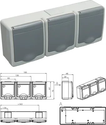 Produktbild von 3-Fach Aufputzsteckdose Grau IP44 16A/250V Schuko Aufputz Feuchtraum Steckdose Grau