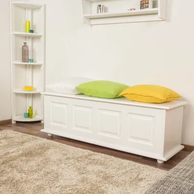Produktbild von Truhe Holztruhe Kiefer massiv Vollholz weiß lackiert 179 – 50 x 154 x 46 cm (H x B x T), Sitztruhe Truhenbank