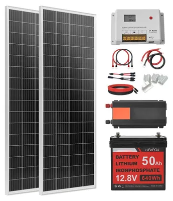 Imagen del producto de Kit completo de sistema solar fotovoltaico autónomo: 200 W, con 2 paneles solares de 100 W, batería de 12,8 V y 50 Ah de tecnología LiFePO4, regulador de carga de 40 A, y inversor de 12 V y 800 W