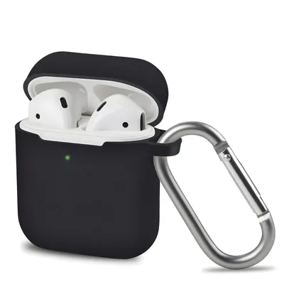 A black silicone case for Apple AirPods with a silver carabiner attached.