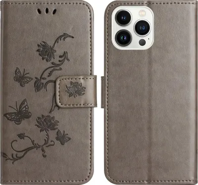 Produktbild von iPhone 16 Pro Hülle - Coverup Blumen & Schmetterlinge Klapphülle - Taupe Grau