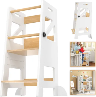 Produktbild von LARS360 Montessori Lernturm 2-in-1, Tritthocker höhenverstellbar, sicherer und stabiler Kindertritt, ideal für Babyzimmer und Kleinkinderzimmer, Weiß