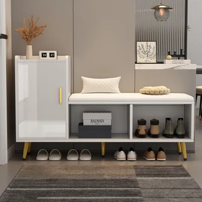 Immagine prodotto di Armadio a più ripiani per scarpe, di colore bianco lucido, con panca imbottita