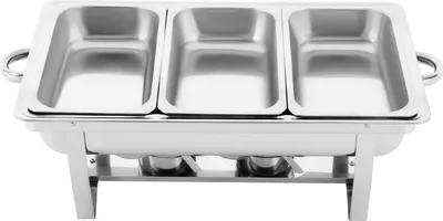 A stainless steel chafing dish with three compartments.
