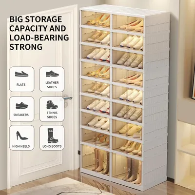Produktbild von 1 hoch 8 niedrig 9-stöckige klappbare Schuhboxen ,Kunststoffboxen,Schuhaufbewahrung Transparent,Schuh-Organizer mit Tür für 18 Paare,Schuhhalter.