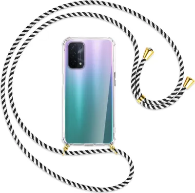 Produktbild von Handykette Backcover-Schutzhülle mit Band (Metall goldfarben) für Oppo A54 5G / A74 5G (CPH2197) - schwarz/weiß gestreift