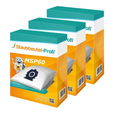 Three boxes of vacuum cleaner bags are stacked diagonally against a white background.