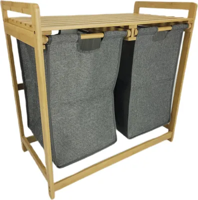 Zdjęcie produktu dla Kosz na pranie bambusowy z 2 komorami półka organizer do łazienki  szary | 68x40x35 | BEGRYF